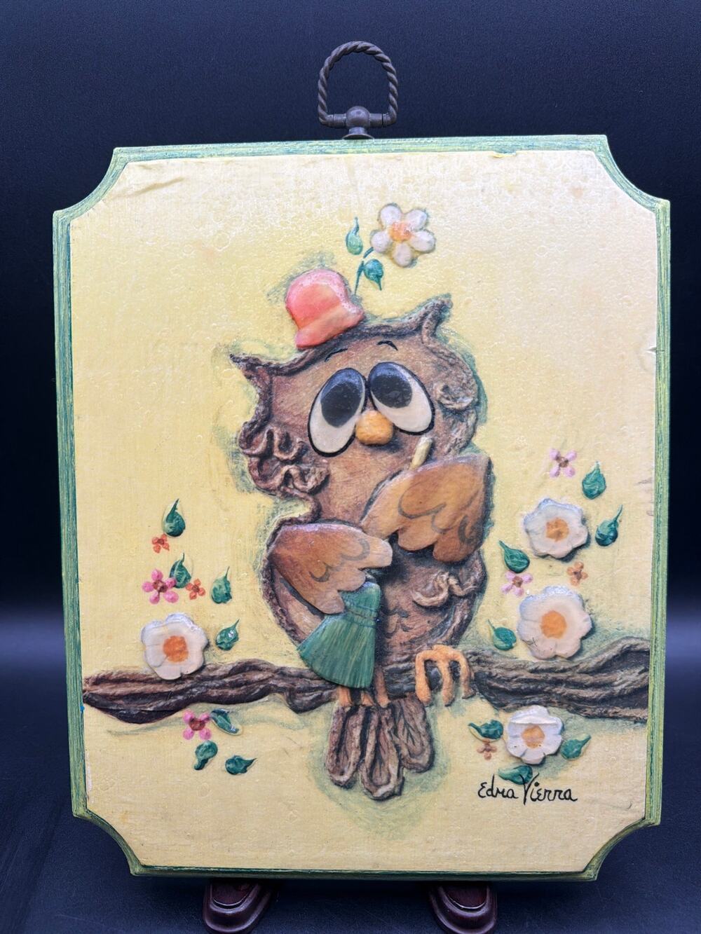 RARE Vintage Edna Vierra 3D Owl Wall Plaque 1970s Big Eye Folk Art Flowers 11”
